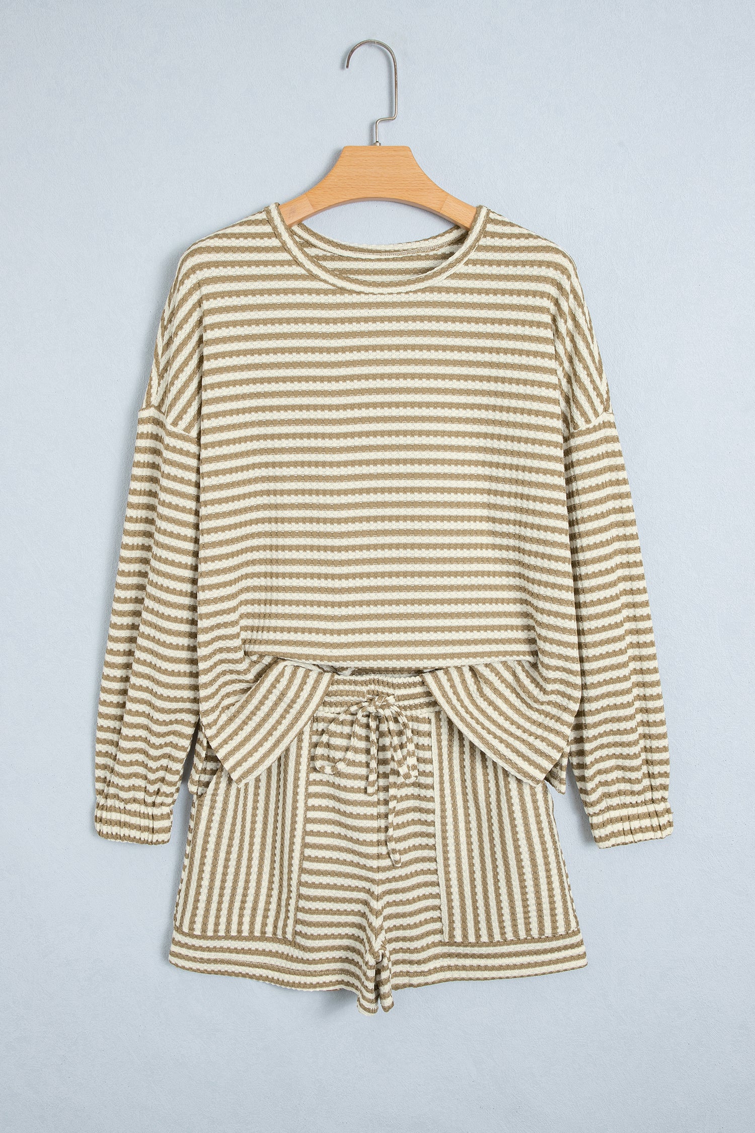 Brown Stripe Textured Knit Long Sleeve Top Elastic Waist Shorts Casual Outfit-Two Piece Sets/Short Sets-[Adult]-[Female]-2022 Online Blue Zone Planet