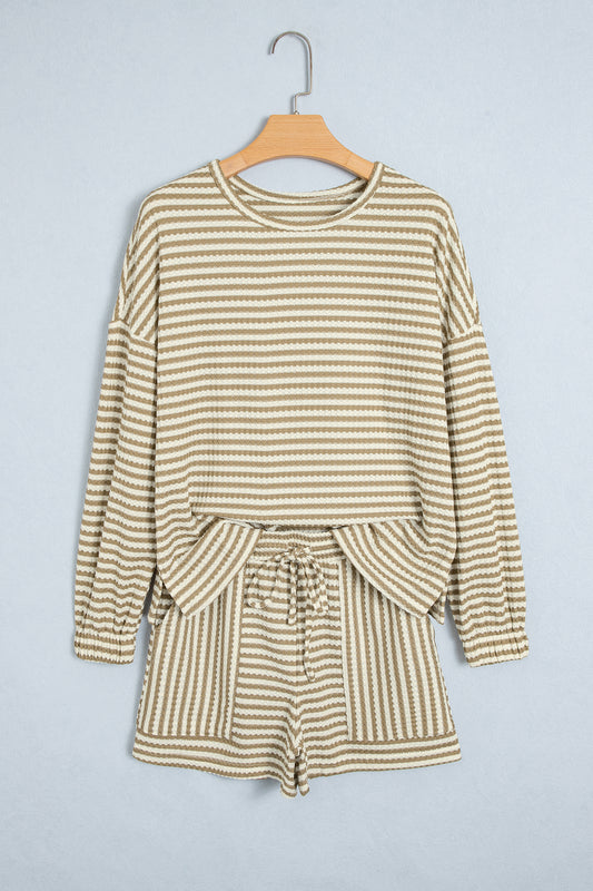 Brown Stripe Textured Knit Long Sleeve Top Elastic Waist Shorts Casual Outfit-Two Piece Sets/Short Sets-[Adult]-[Female]-2022 Online Blue Zone Planet