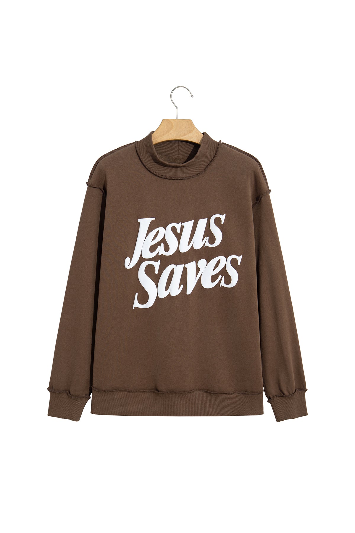 Fiery Red Jesus Saves Slogan Print Stand Neck Baggy Sweatshirt-Tops/Sweatshirts & Hoodies-[Adult]-[Female]-2022 Online Blue Zone Planet