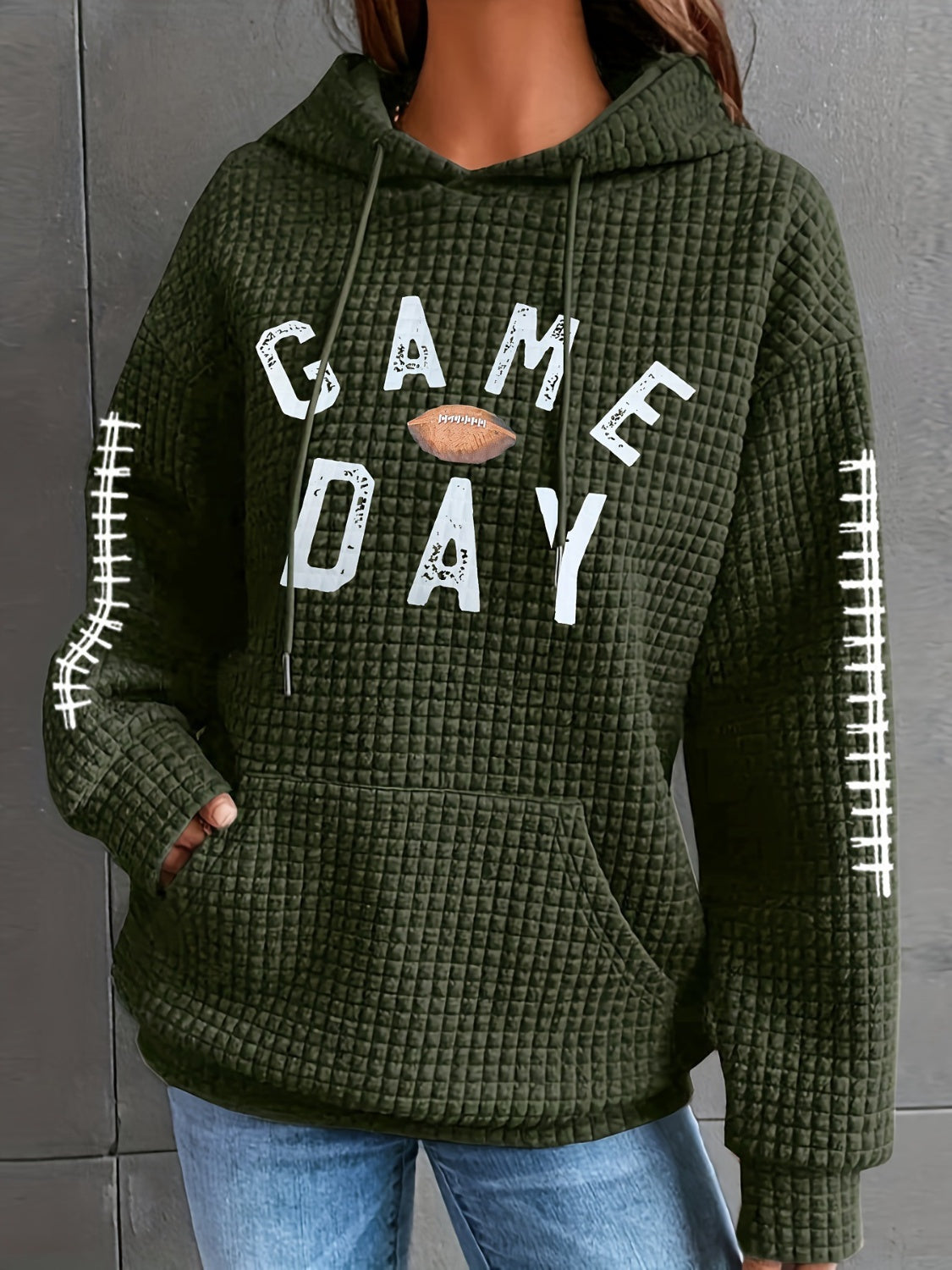 GAME DAY Football Drawstring Long Sleeve Hoodie-TOPS / DRESSES-[Adult]-[Female]-Army Green-S-2022 Online Blue Zone Planet