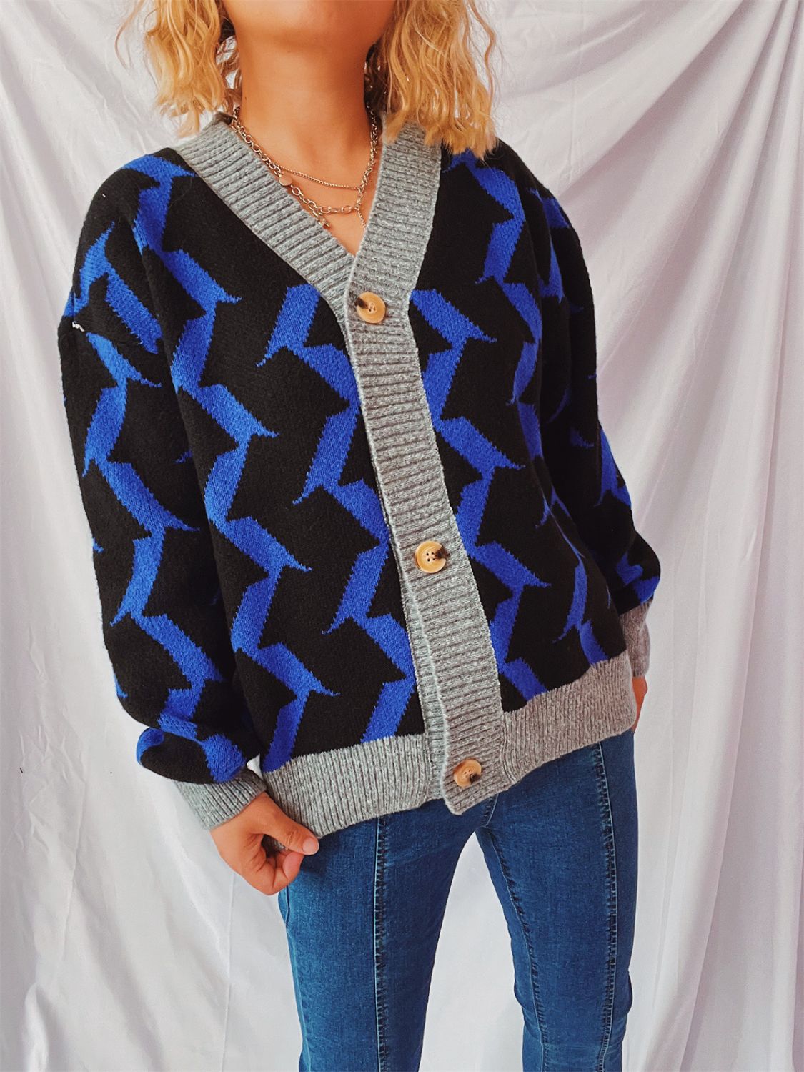 Contrast Trim Geometric V-Neck Long Sleeve Cardigan-TOPS / DRESSES-[Adult]-[Female]-2022 Online Blue Zone Planet