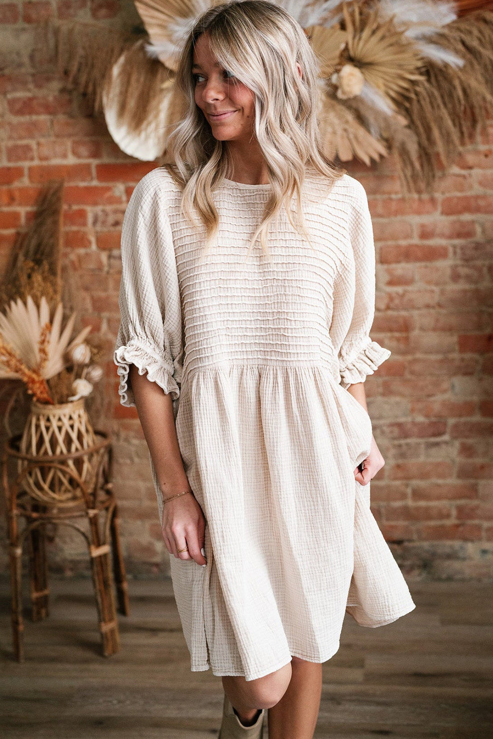 White Textured Ruffled Puff Sleeve Loose Dress-TOPS / DRESSES-[Adult]-[Female]-2022 Online Blue Zone Planet