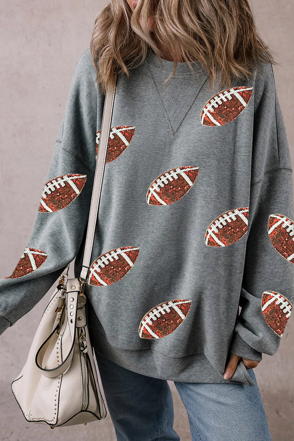 Blue Zone Planet | Sequin Football Round Neck Long Sleeve Sweatshirt-TOPS / DRESSES-[Adult]-[Female]-2022 Online Blue Zone Planet