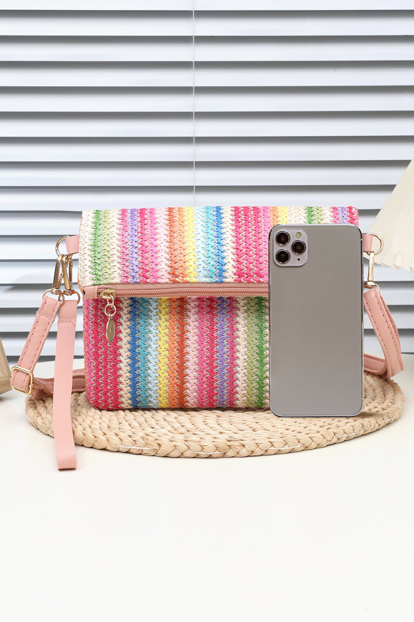 Pink Striped Straw Woven Zip Folded Magnetic Button Shoulder Bag-Shoes & Bags/Shoulder Bags-[Adult]-[Female]-2022 Online Blue Zone Planet
