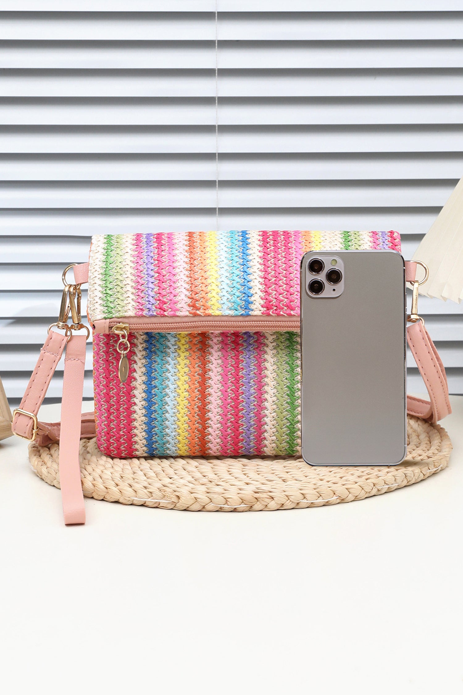 Pink Striped Straw Woven Zip Folded Magnetic Button Shoulder Bag-Shoes & Bags/Shoulder Bags-[Adult]-[Female]-2022 Online Blue Zone Planet