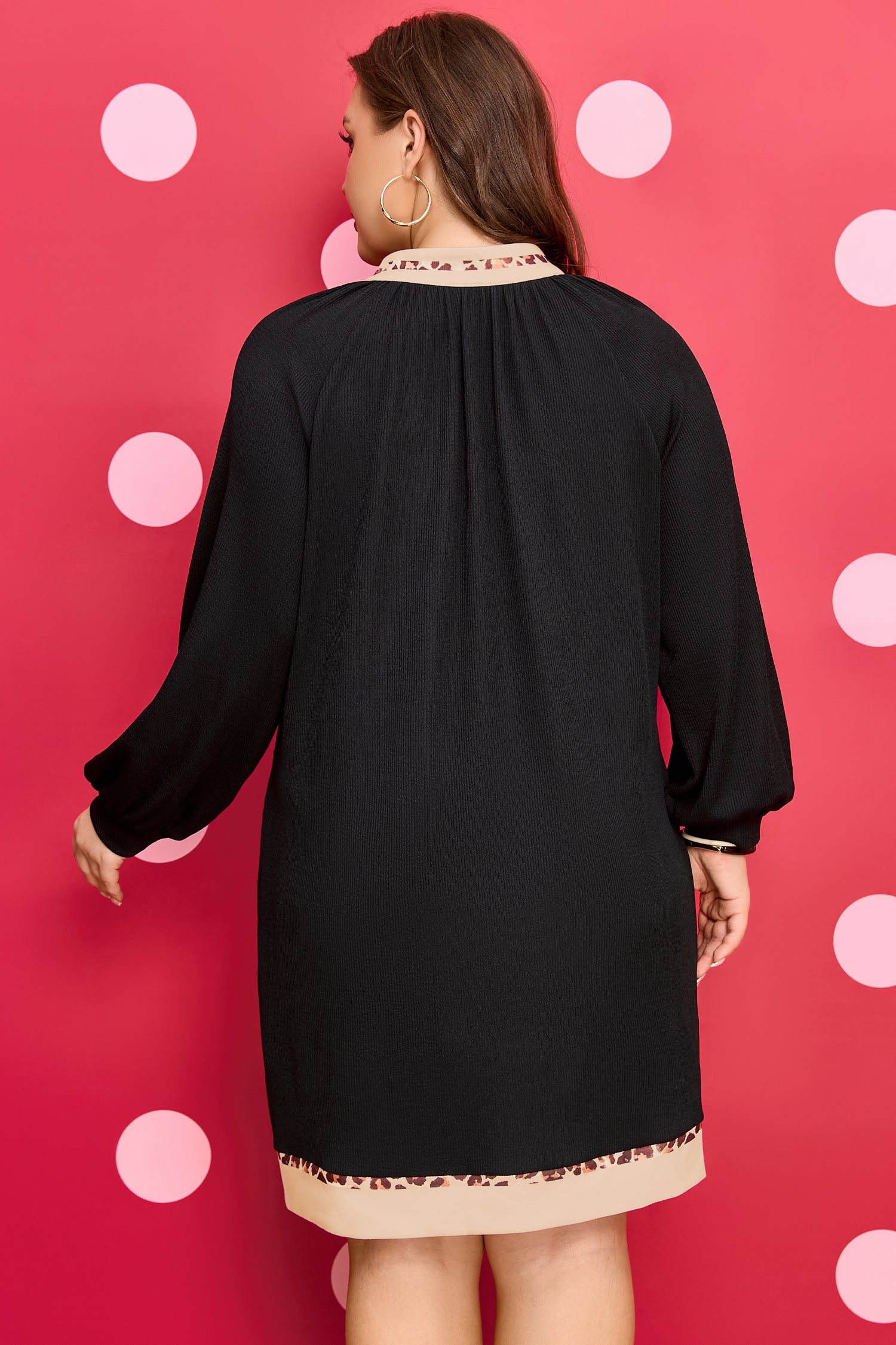 Black Contrast Color Block Leopard Trim Plus Size Ribbed Dress-TOPS / DRESSES-[Adult]-[Female]-2022 Online Blue Zone Planet