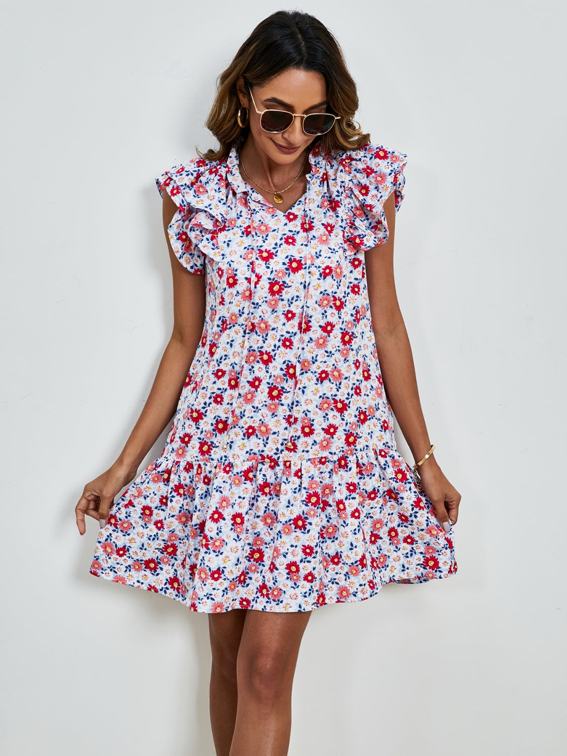 Tied Floral Cap Sleeve Mini Dress-TOPS / DRESSES-[Adult]-[Female]-2022 Online Blue Zone Planet