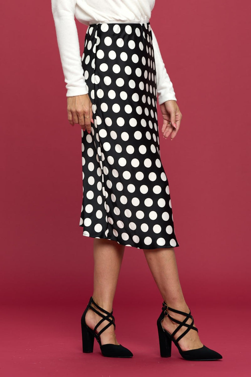 RENEE C Polka Dot Satin Midi Skirt-TOPS / DRESSES-[Adult]-[Female]-2022 Online Blue Zone Planet