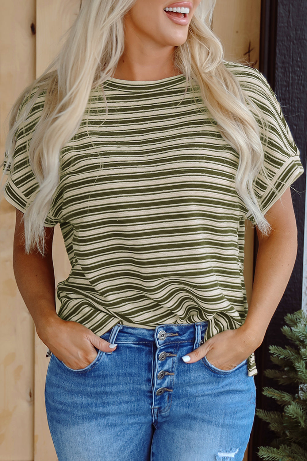 Green Stripe Textured Side Slits Crew Neck T Shirt-Tops/Tops & Tees-[Adult]-[Female]-2022 Online Blue Zone Planet