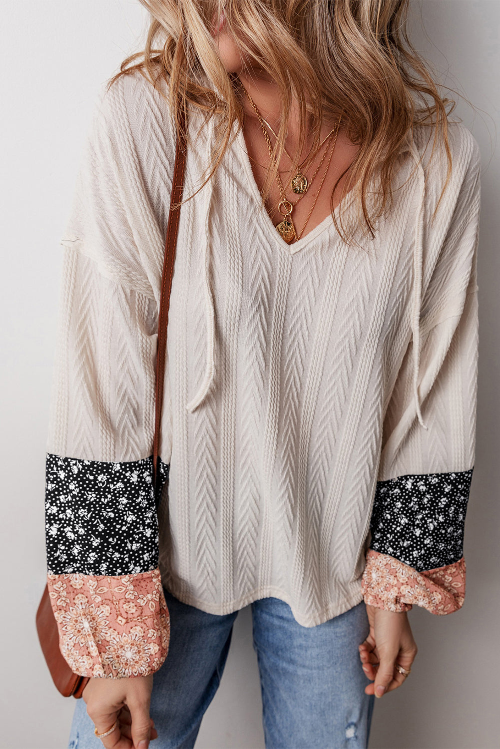 Dusty Pink Floral Patchwork Textured Knit Drawstring V Neck Blouse-Tops/Blouses & Shirts-[Adult]-[Female]-Beige-S-2022 Online Blue Zone Planet