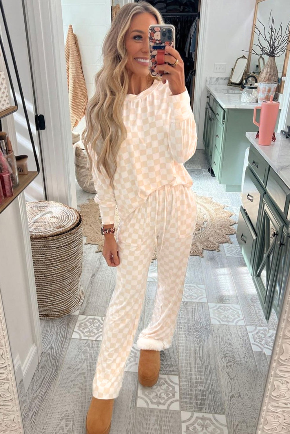 Blue Zone Planet | Beige Checkered Print Long Sleeve Loose Fit Pajama Set-Loungewear Set-[Adult]-[Female]-2022 Online Blue Zone Planet