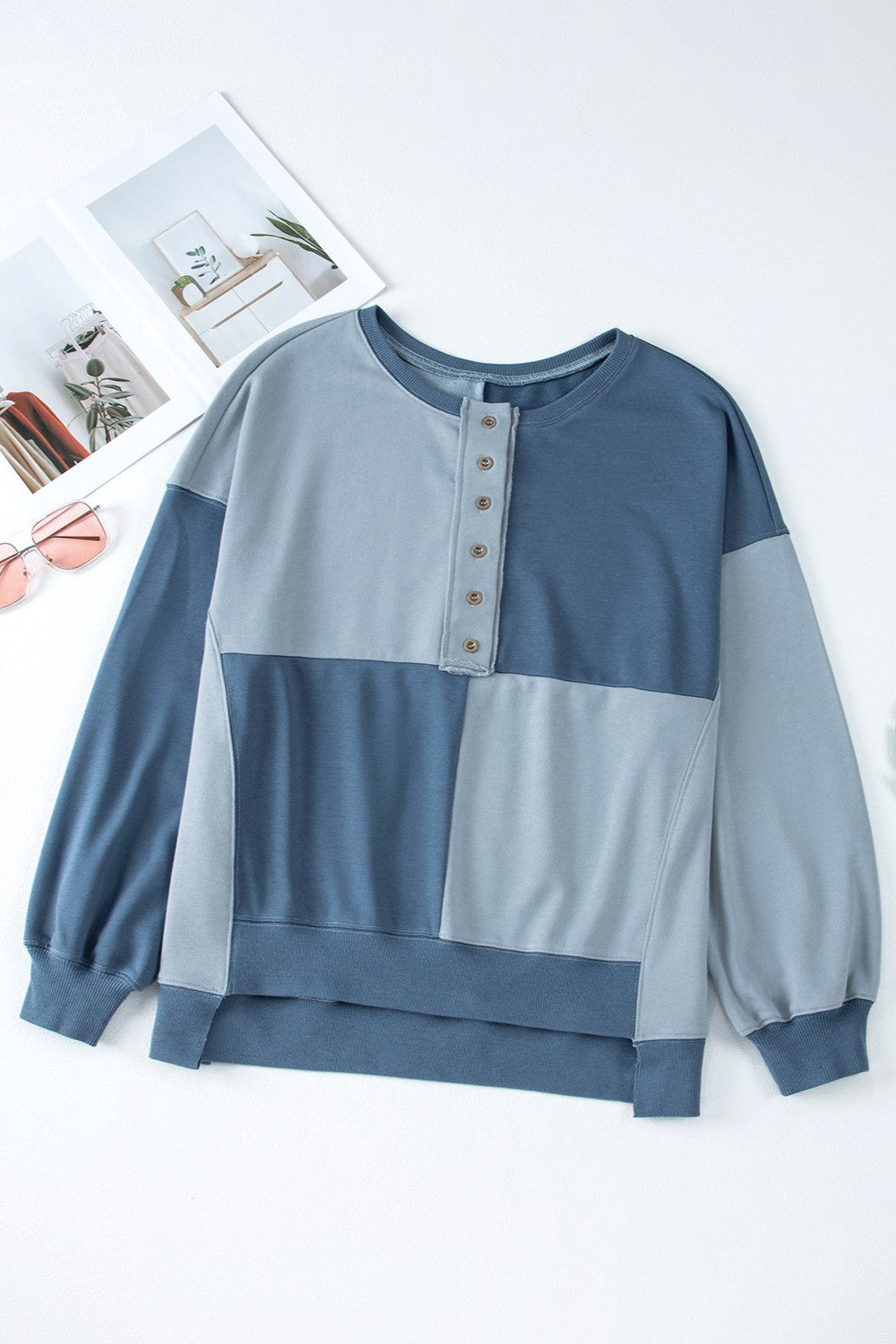 Blue Zone Planet | Contrast Half Button Long Sleeve Sweatshirt-TOPS / DRESSES-[Adult]-[Female]-2022 Online Blue Zone Planet