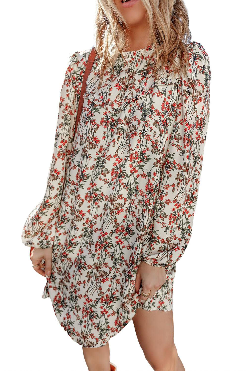 White Floral Printed Long Sleeve Mini Dress-Dresses/Floral Dresses-[Adult]-[Female]-2022 Online Blue Zone Planet