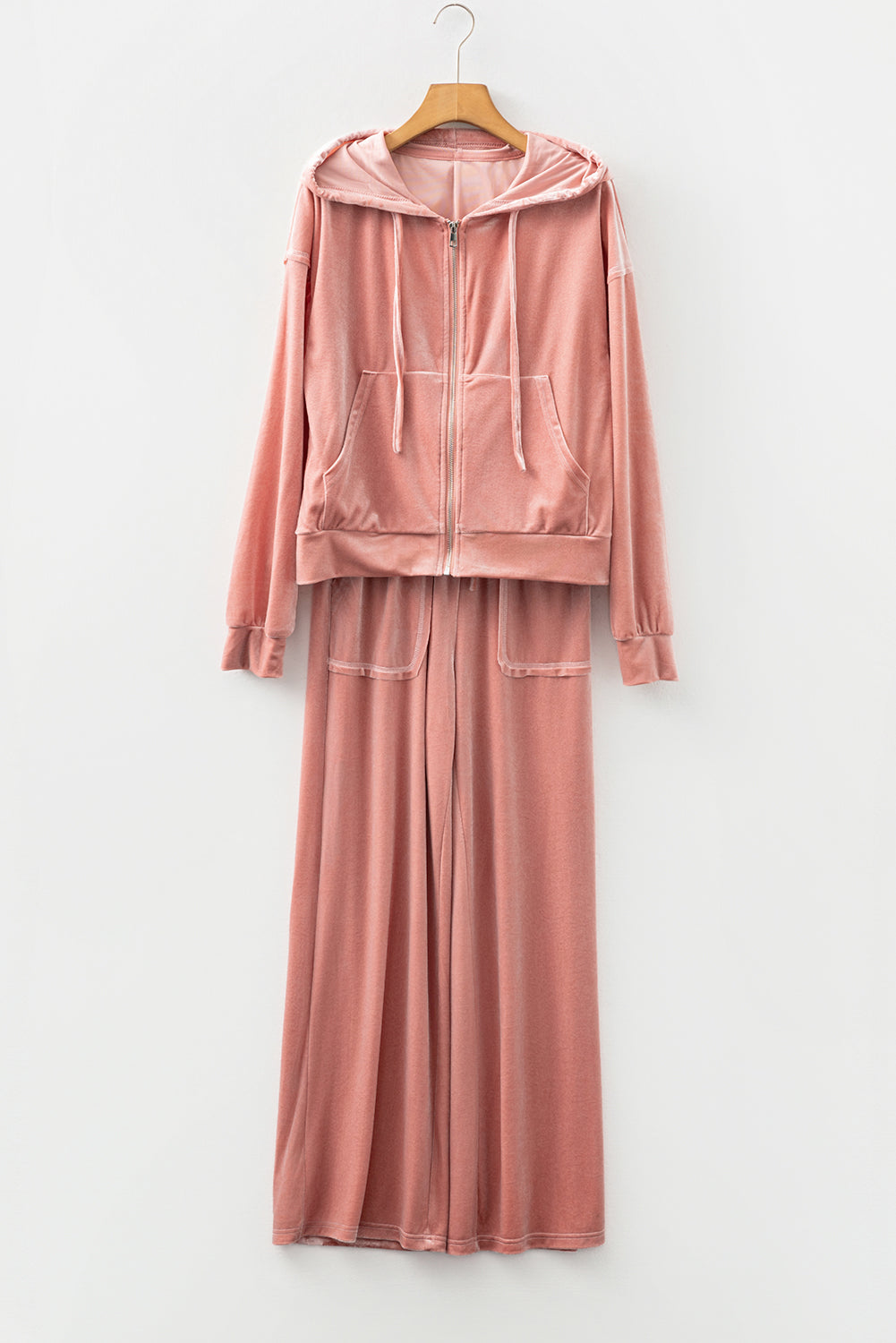 Peach Blossom Velvet Zip-up Hoodie and Wide Leg Pants Set-Tops / Dresses-[Adult]-[Female]-2022 Online Blue Zone Planet