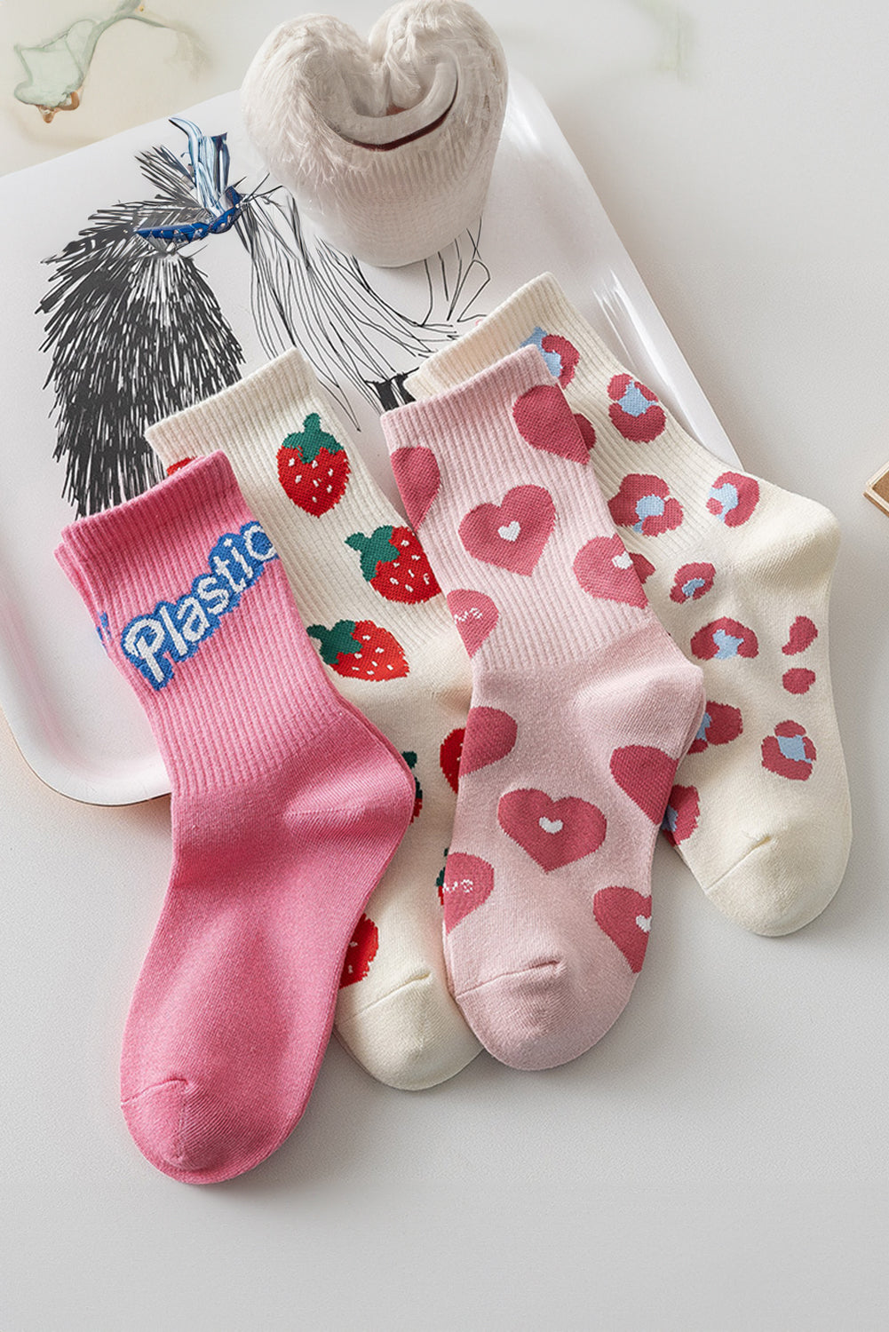 Light Pink Heart Print Ribbed Trim Soft Crew Socks-Socks-[Adult]-[Female]-Light Pink-ONE SIZE-2022 Online Blue Zone Planet