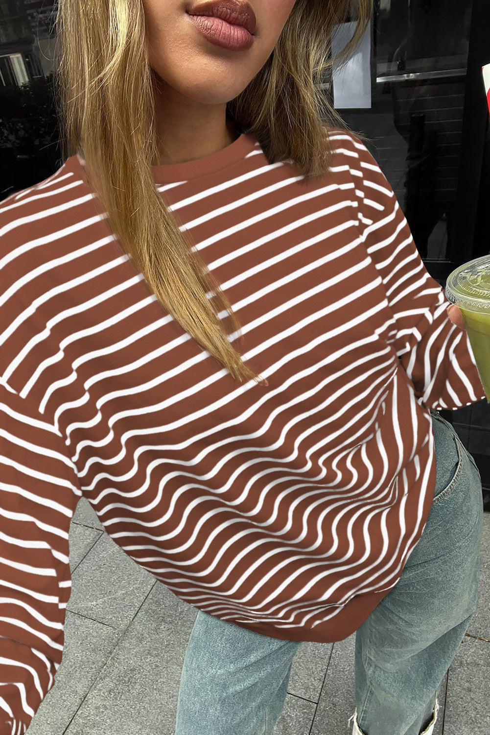 Coffee Striped Long Sleeve Round Neck Loose Top-Tops/Long Sleeve Tops-[Adult]-[Female]-Coffee-S-2022 Online Blue Zone Planet
