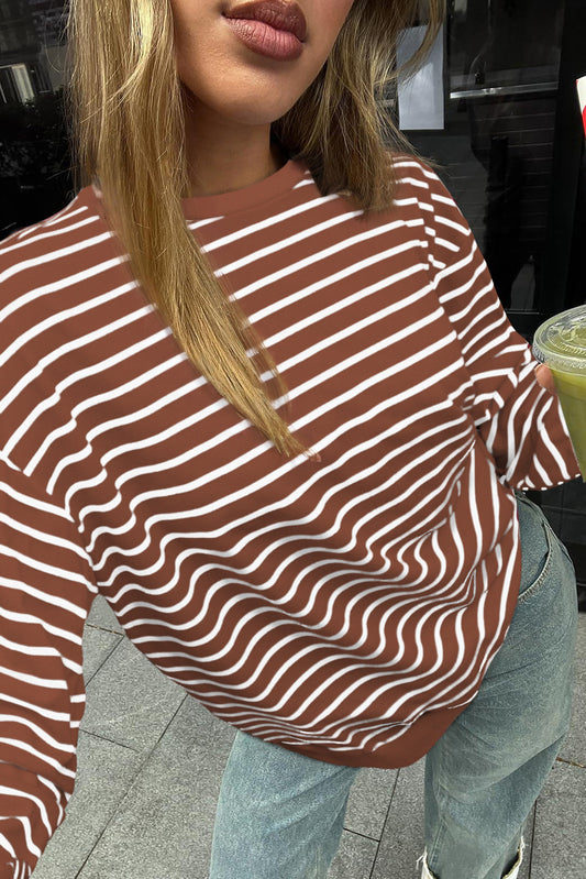 Coffee Striped Long Sleeve Round Neck Loose Top-Tops/Long Sleeve Tops-[Adult]-[Female]-Coffee-S-2022 Online Blue Zone Planet