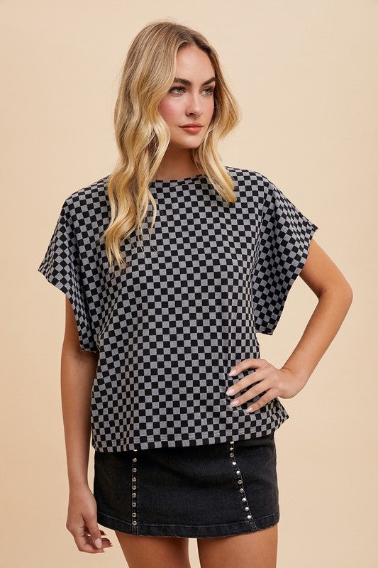 Annie Wear Checkered Round Neck Short Sleeve T-Shirt-TOPS / DRESSES-[Adult]-[Female]-2022 Online Blue Zone Planet