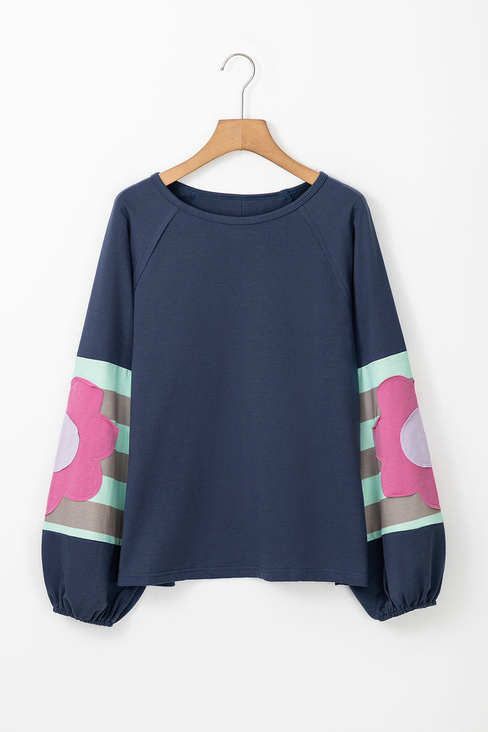 Blue Zone Planet | Smoke Green Flower Patchwork Exposed Seam Raglan Sleeve Top-Long Sleeve Tops-[Adult]-[Female]-2022 Online Blue Zone Planet