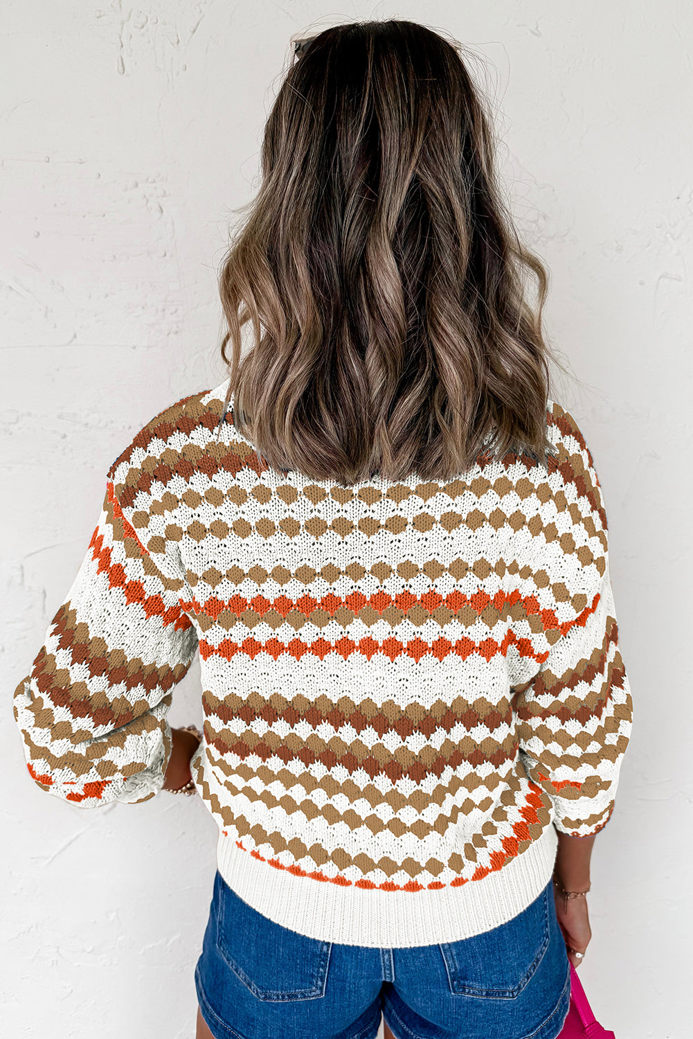 Brown Stripe Eyelet Patterned Drop Shoulder Sweater-Sweaters & Cardigans/Sweaters-[Adult]-[Female]-2022 Online Blue Zone Planet