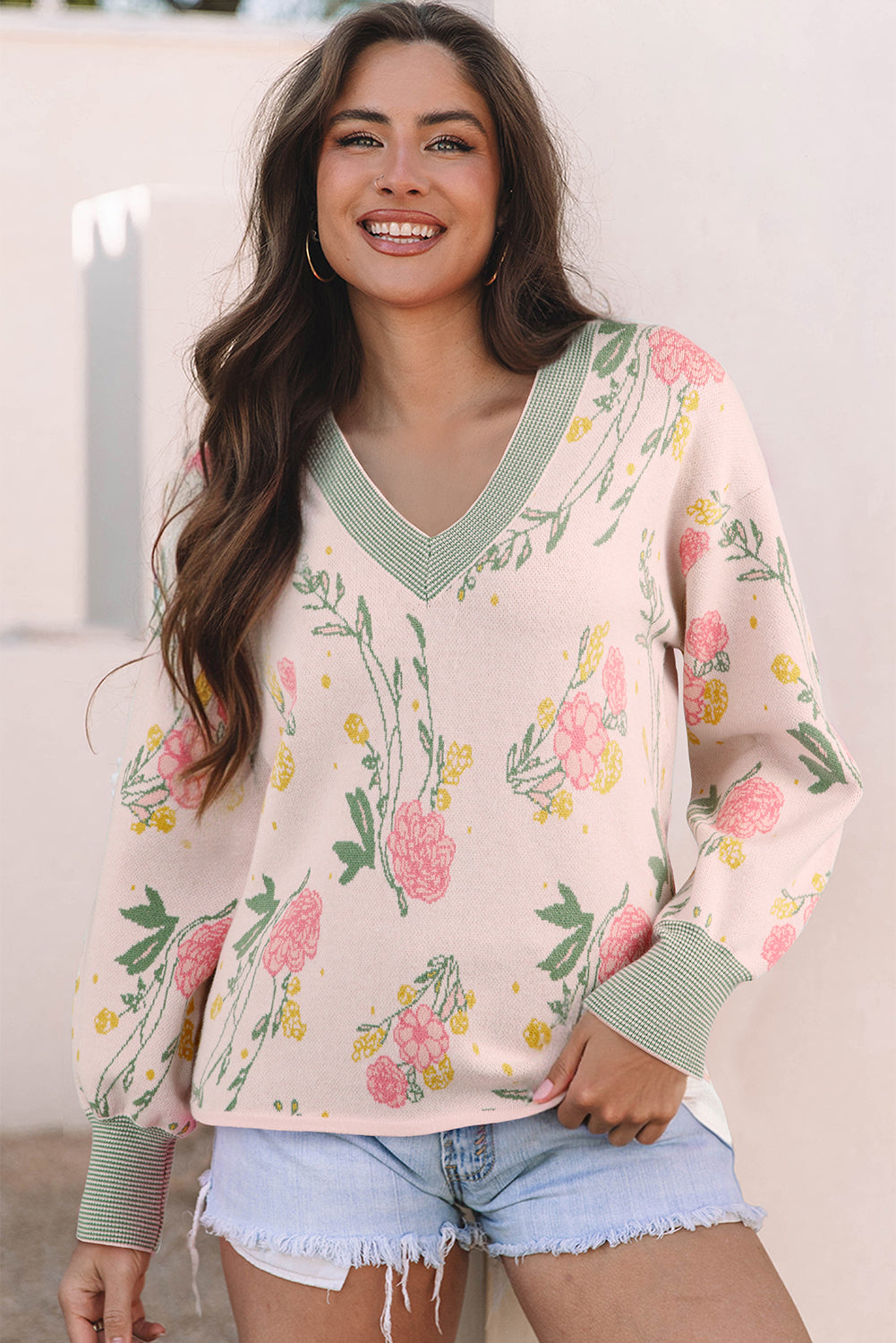 Pink Floral Pattern Striped V Neck Loose Sweater-TOPS / DRESSES-[Adult]-[Female]-Pink-S-2022 Online Blue Zone Planet