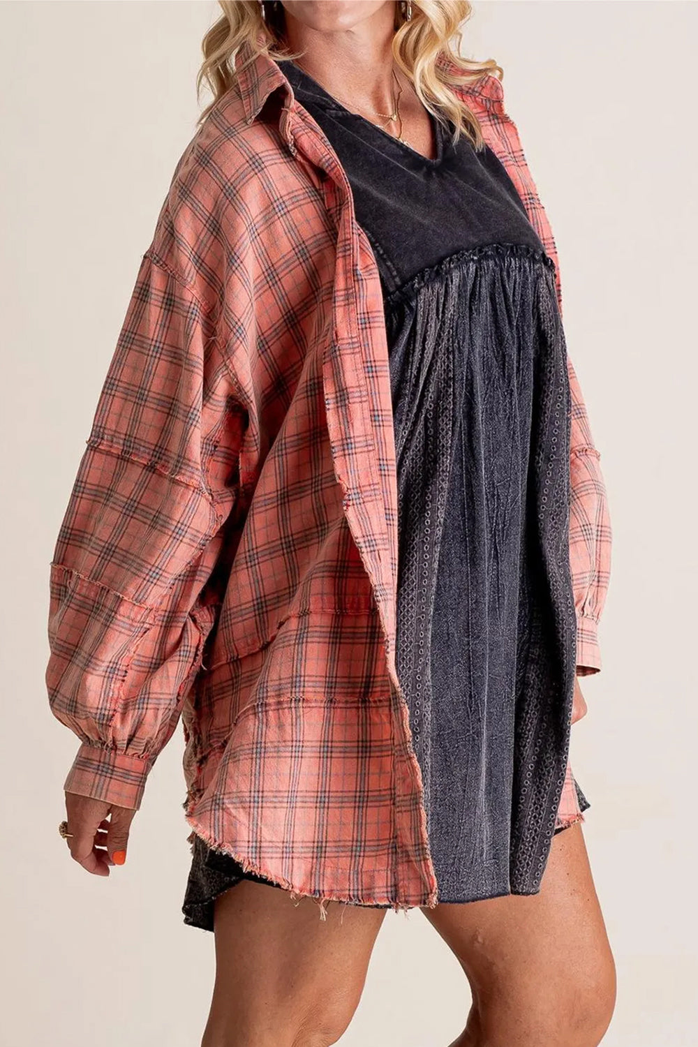 Blue Zone Planet | Exposed Seam Plaid Collared Neck Long Sleeve Shirt-SWEATERS-[Adult]-[Female]-Dusty Pink-S-2022 Online Blue Zone Planet