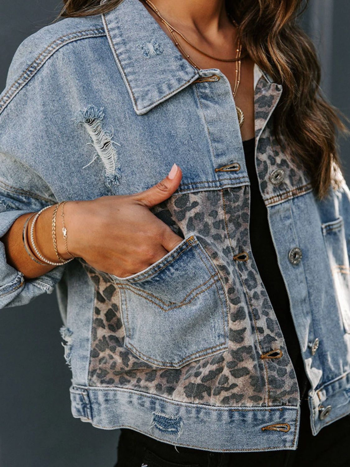 Distressed Leopard Drop Shoulder Denim Jacket-TOPS / DRESSES-[Adult]-[Female]-2022 Online Blue Zone Planet