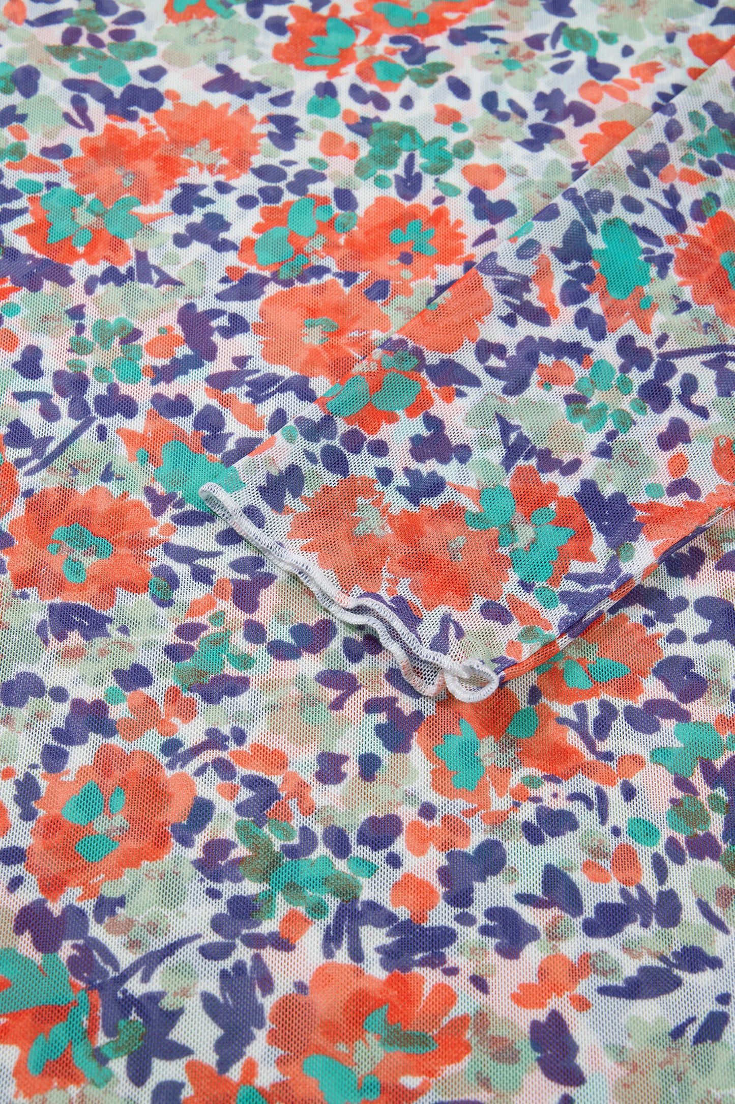 Blue Slim Fit Floral Mesh Long Sleeve Mock Neck Top