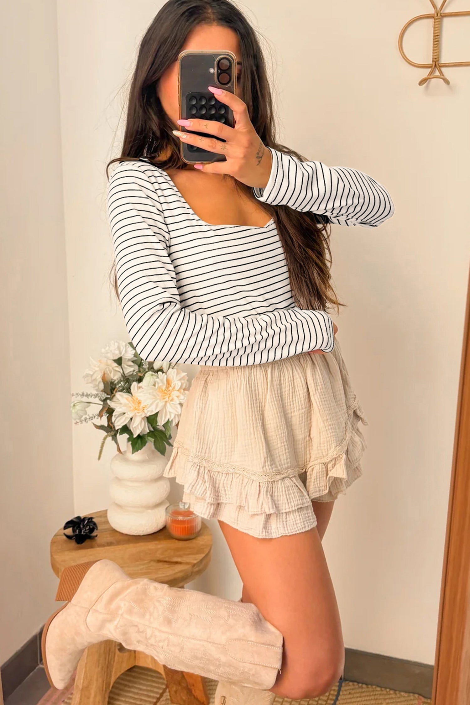 White Stripe Square Neck Long Sleeve Top-Tops/Long Sleeve Tops-[Adult]-[Female]-2022 Online Blue Zone Planet