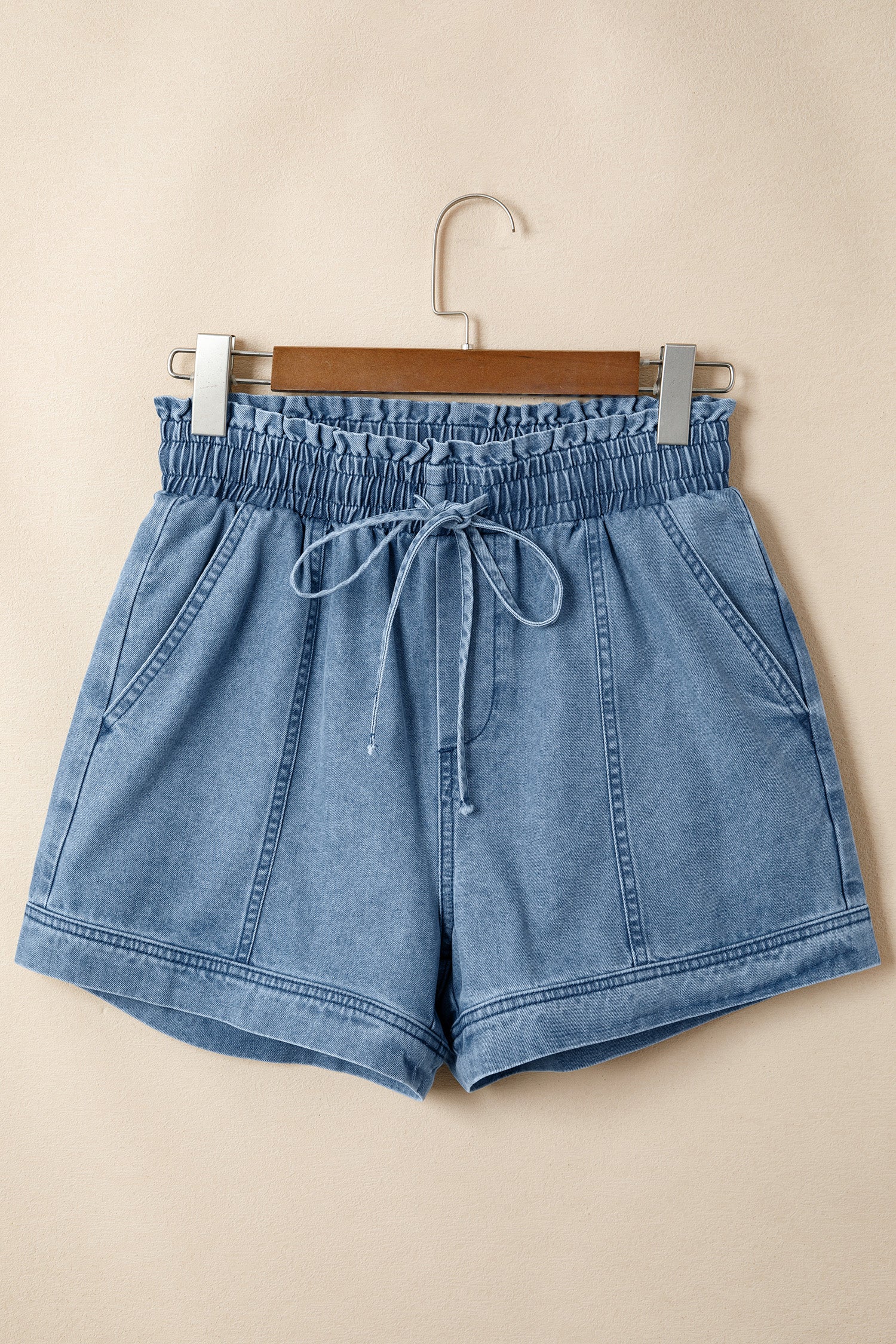 Dusk Blue Smocked Elastic Waist Denim Shorts-Bottoms/Denim Shorts-[Adult]-[Female]-2022 Online Blue Zone Planet