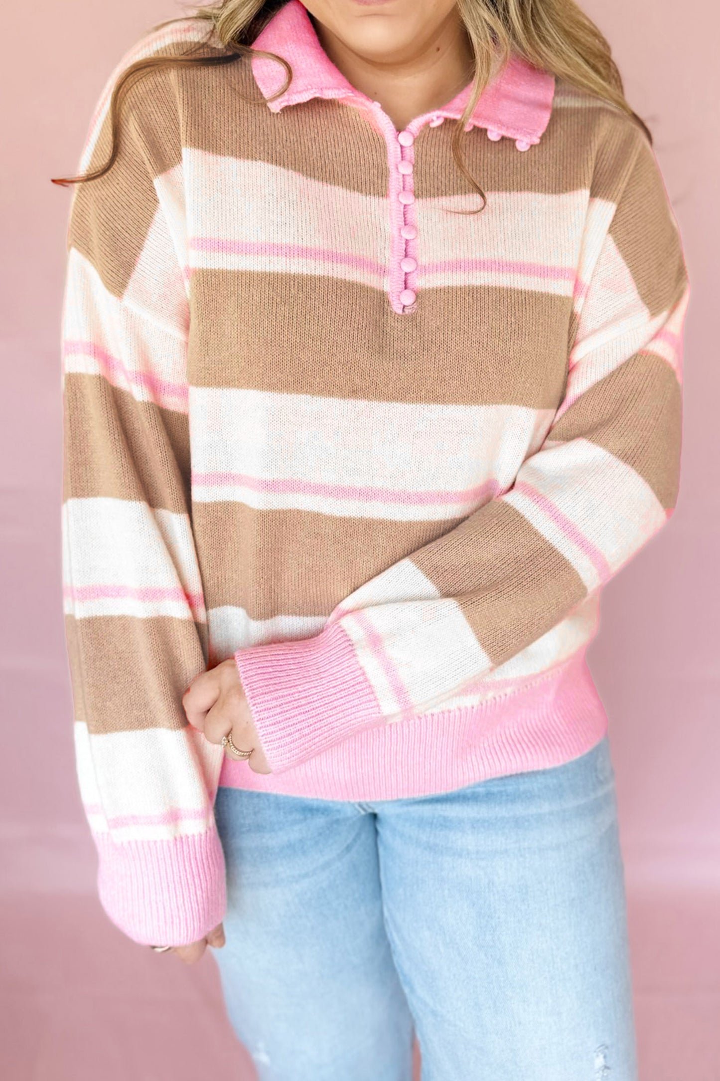 Pink Stripe Striped Colorblock V Neck Long Sleeve Tunic Sweater-Plus Size/Plus Size Sweaters & Cardigans-[Adult]-[Female]-2022 Online Blue Zone Planet