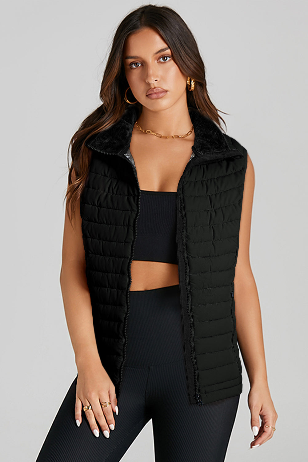 Blue Zone Planet | Silvery Plush Collared Quilted Zipped Puffer Vest-Outerwear/Vests-[Adult]-[Female]-2022 Online Blue Zone Planet