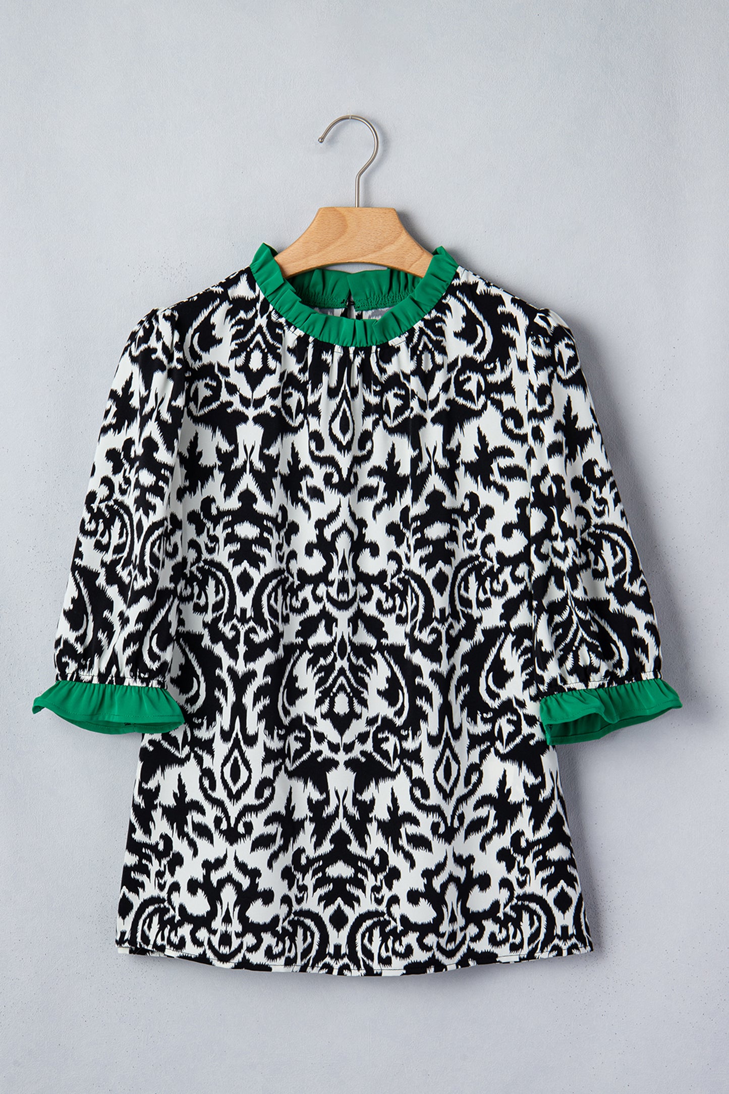 Green Damask Print Ruffled Color Block Detail Half Sleeve Blouse-Tops/Blouses & Shirts-[Adult]-[Female]-Black-S-2022 Online Blue Zone Planet