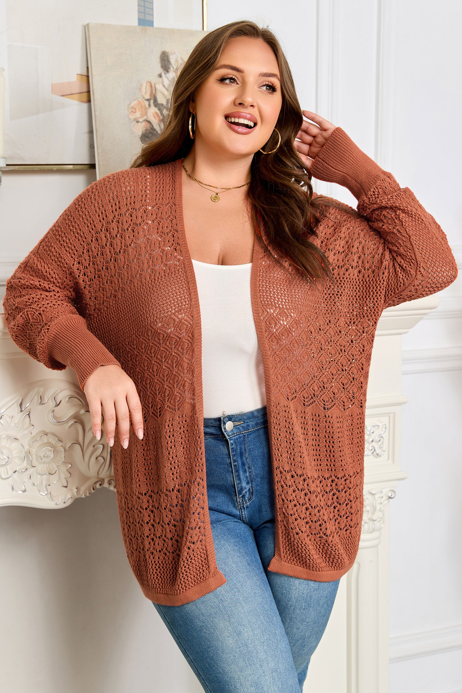 Redwood Burl Mixed Pattern Knitted Open Front Plus Cardigan-Plus Size/Plus Size Sweaters & Cardigans-[Adult]-[Female]-2022 Online Blue Zone Planet