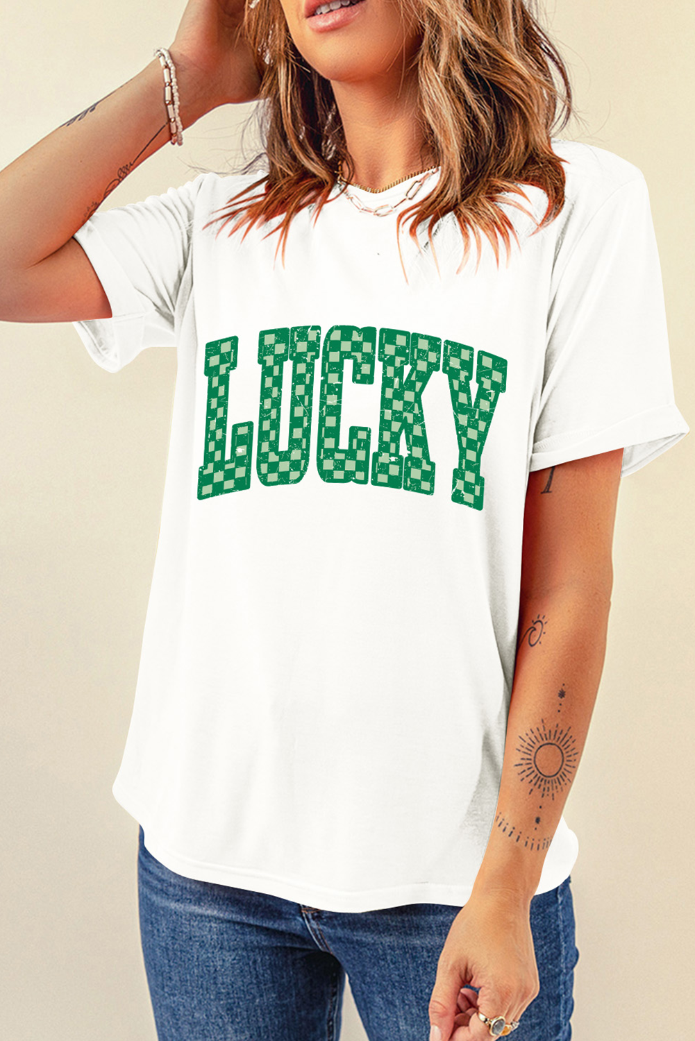 White Checkerboard LUCKY Graphic St Patrick Tee-Graphic Tees-[Adult]-[Female]-2022 Online Blue Zone Planet