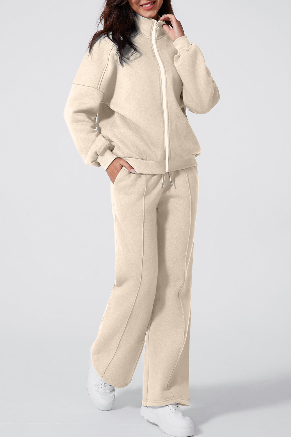 Light Grey Drop Shoulder Zip Up Jacket Drawstring Pants Active 2pcs Set-Activewear/Activewear Sets-[Adult]-[Female]-Beige-S-2022 Online Blue Zone Planet