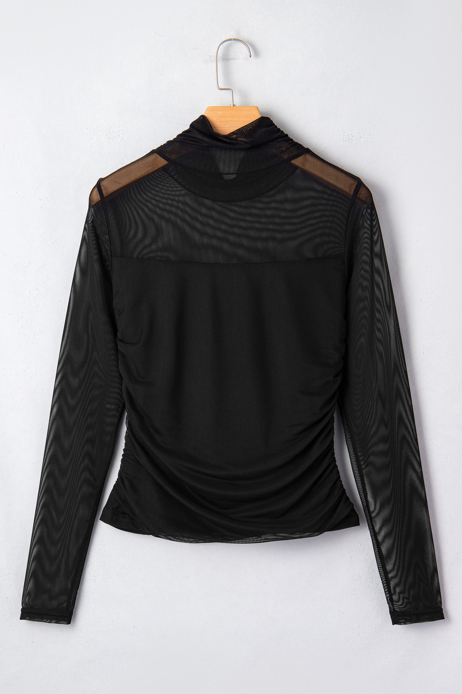 Black Sheer Mesh Patchwork High Neck Long Sleeve Top-Tops/Long Sleeve Tops-[Adult]-[Female]-2022 Online Blue Zone Planet