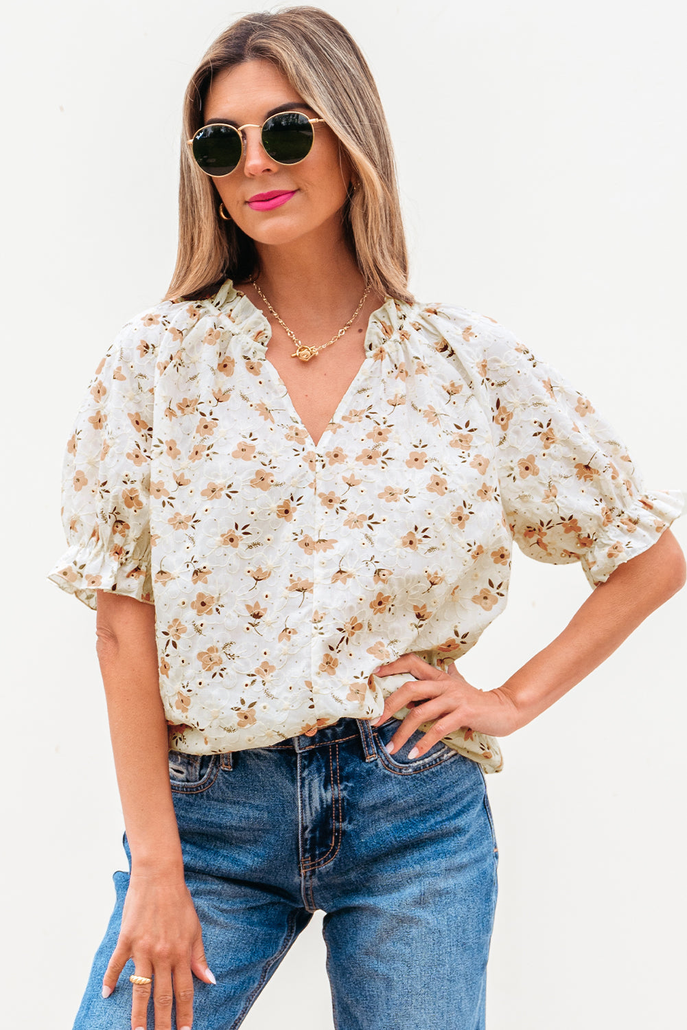 White Floral Eyelet Embroidered Puff Sleeve Notch V Neck Blouse-Tops/Blouses & Shirts-[Adult]-[Female]-2022 Online Blue Zone Planet