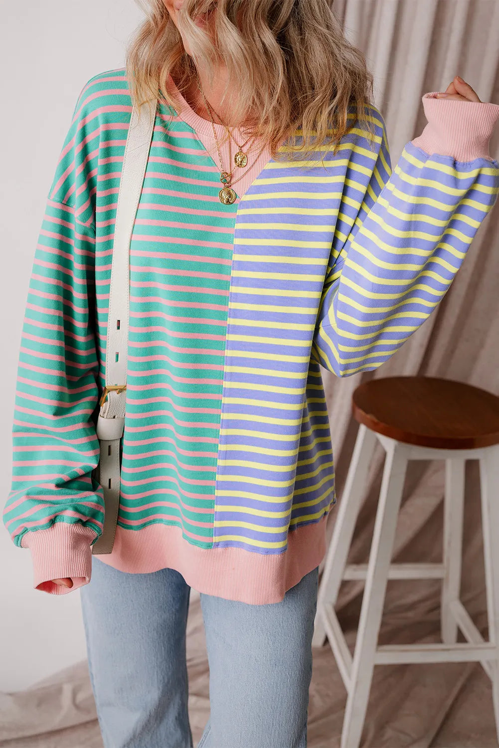 Blue Zone Planet | Contrast Stripes Round Neck Long Sleeve Sweatshirt-TOPS / DRESSES-[Adult]-[Female]-2022 Online Blue Zone Planet