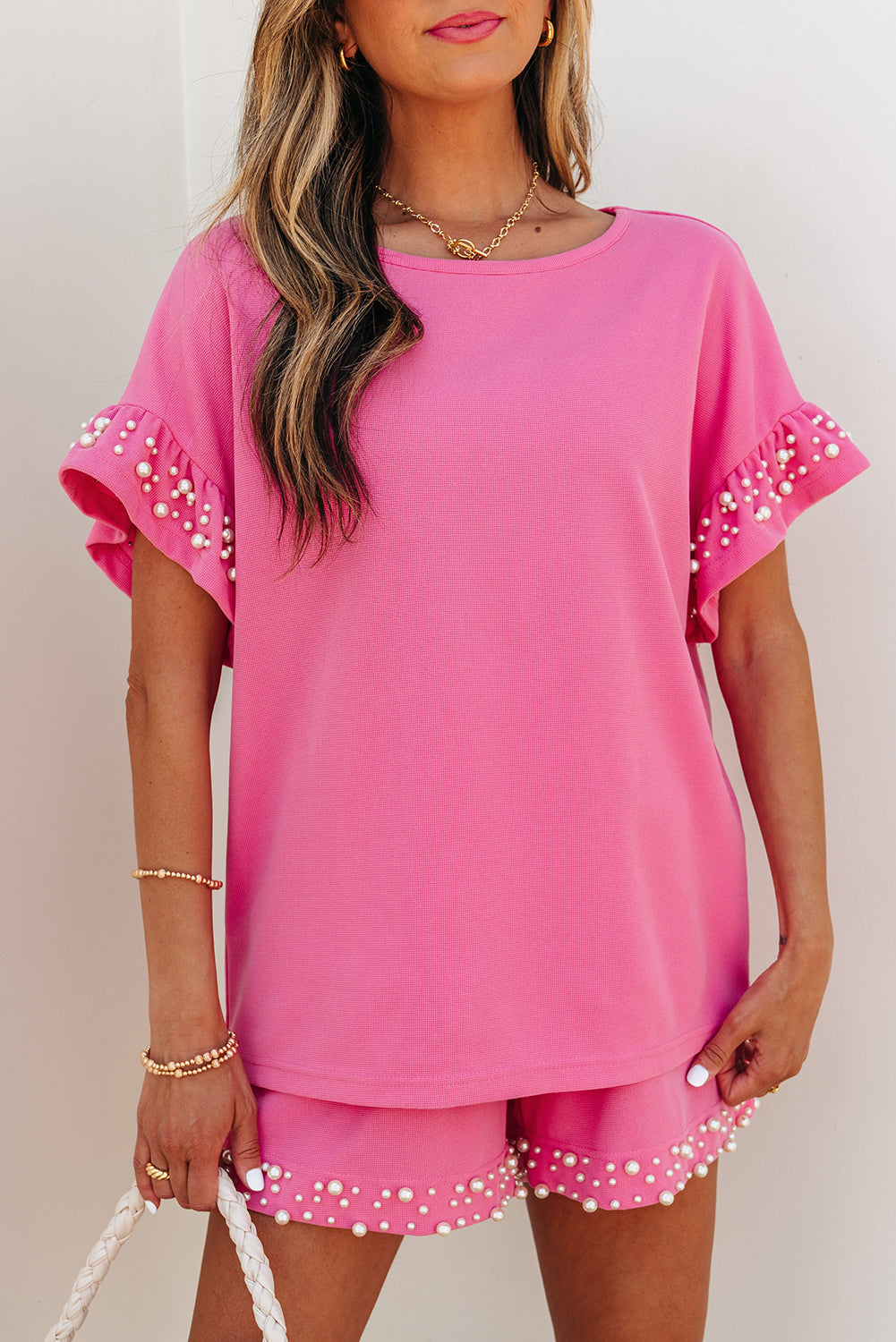 Bright Pink Textured Pearled Ruffle Sleeve Top 2 Piece Shorts Set-Two Piece Sets/Short Sets-[Adult]-[Female]-2022 Online Blue Zone Planet