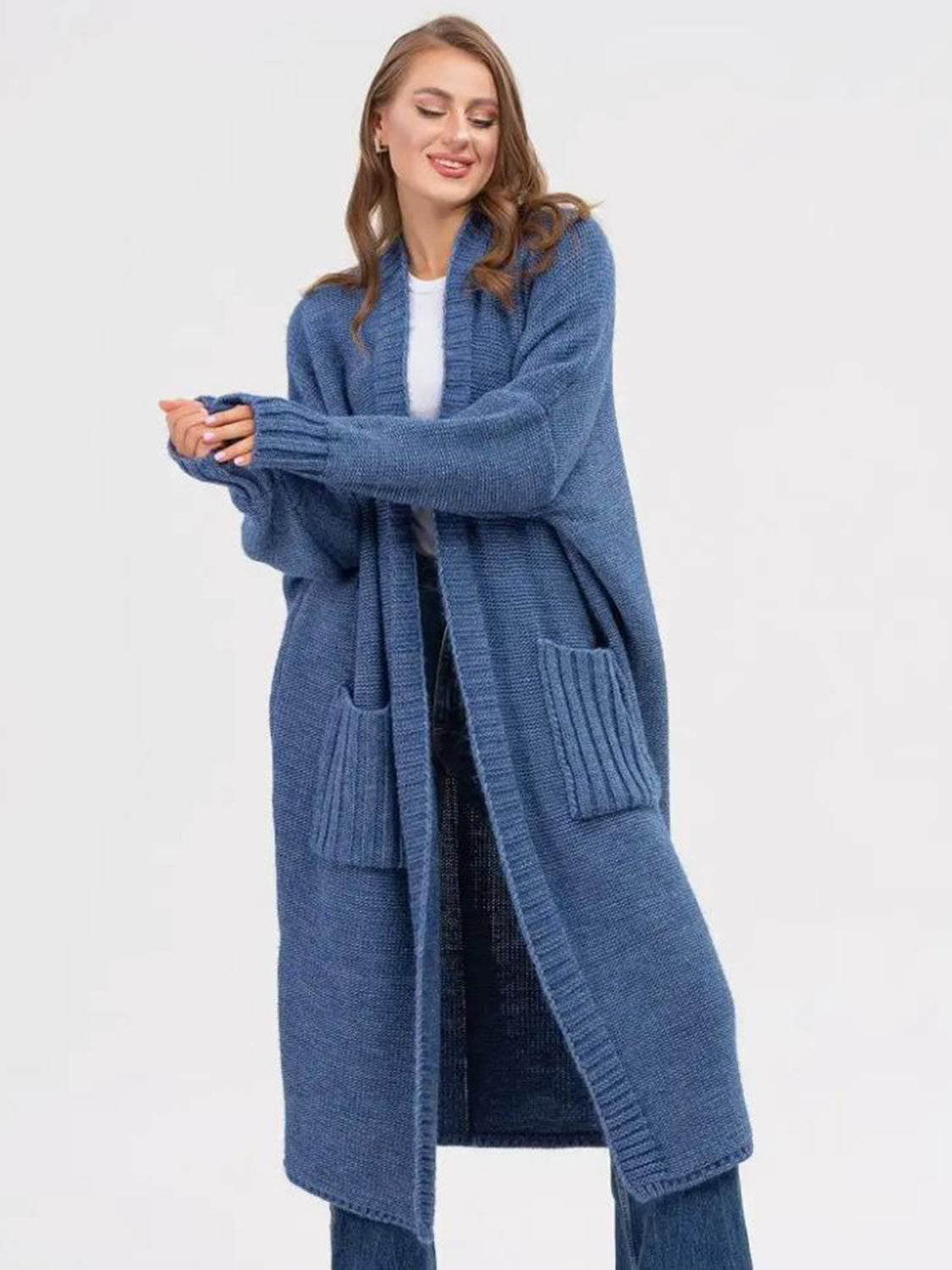 Pocketed Open Front Long Sleeve Longline Cardigan-TOPS / DRESSES-[Adult]-[Female]-Dusty Blue-One Size-2022 Online Blue Zone Planet