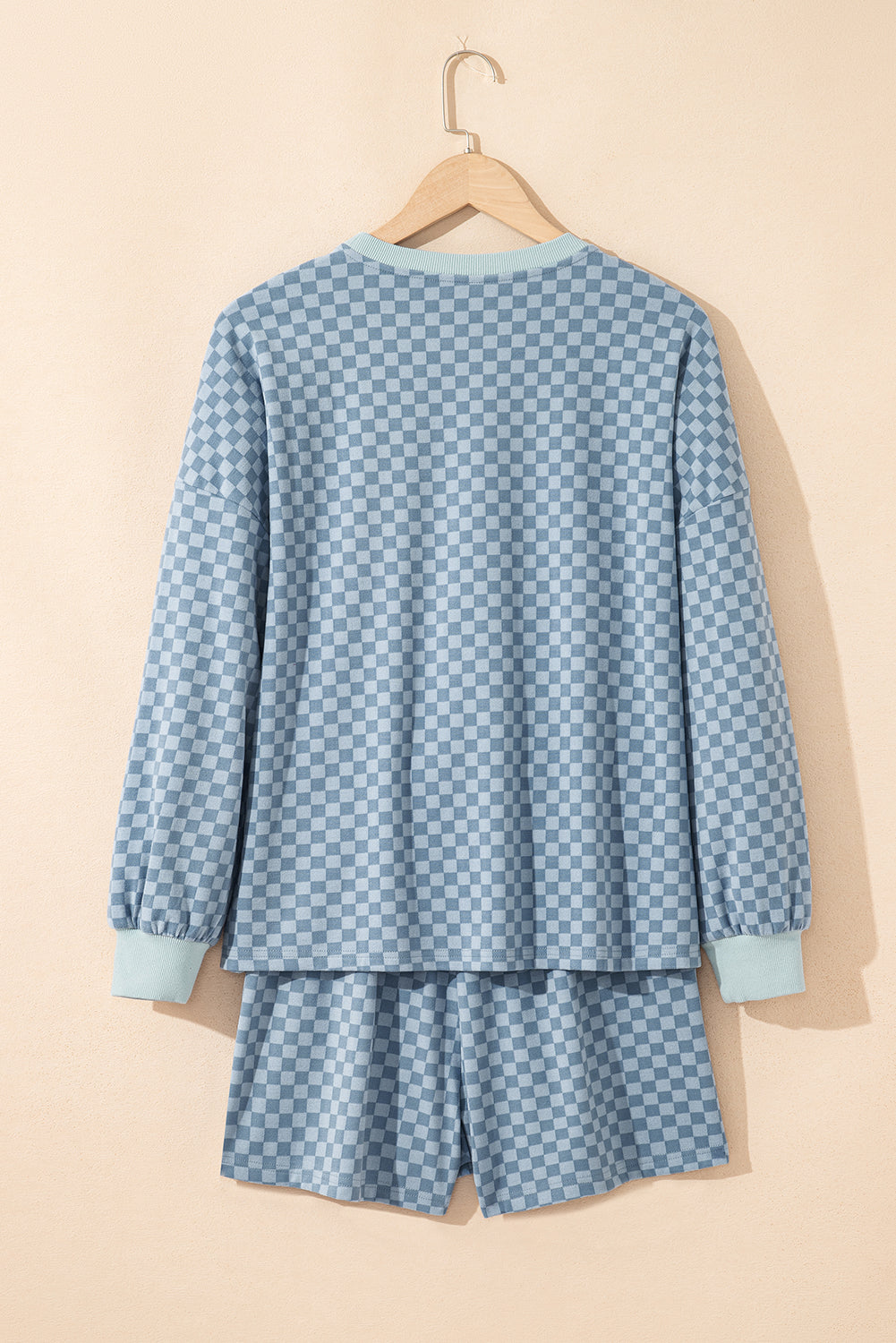 Sky Blue Checkerboard Long Sleeve Pullover and Shorts Set-Two Piece Sets/Short Sets-[Adult]-[Female]-2022 Online Blue Zone Planet