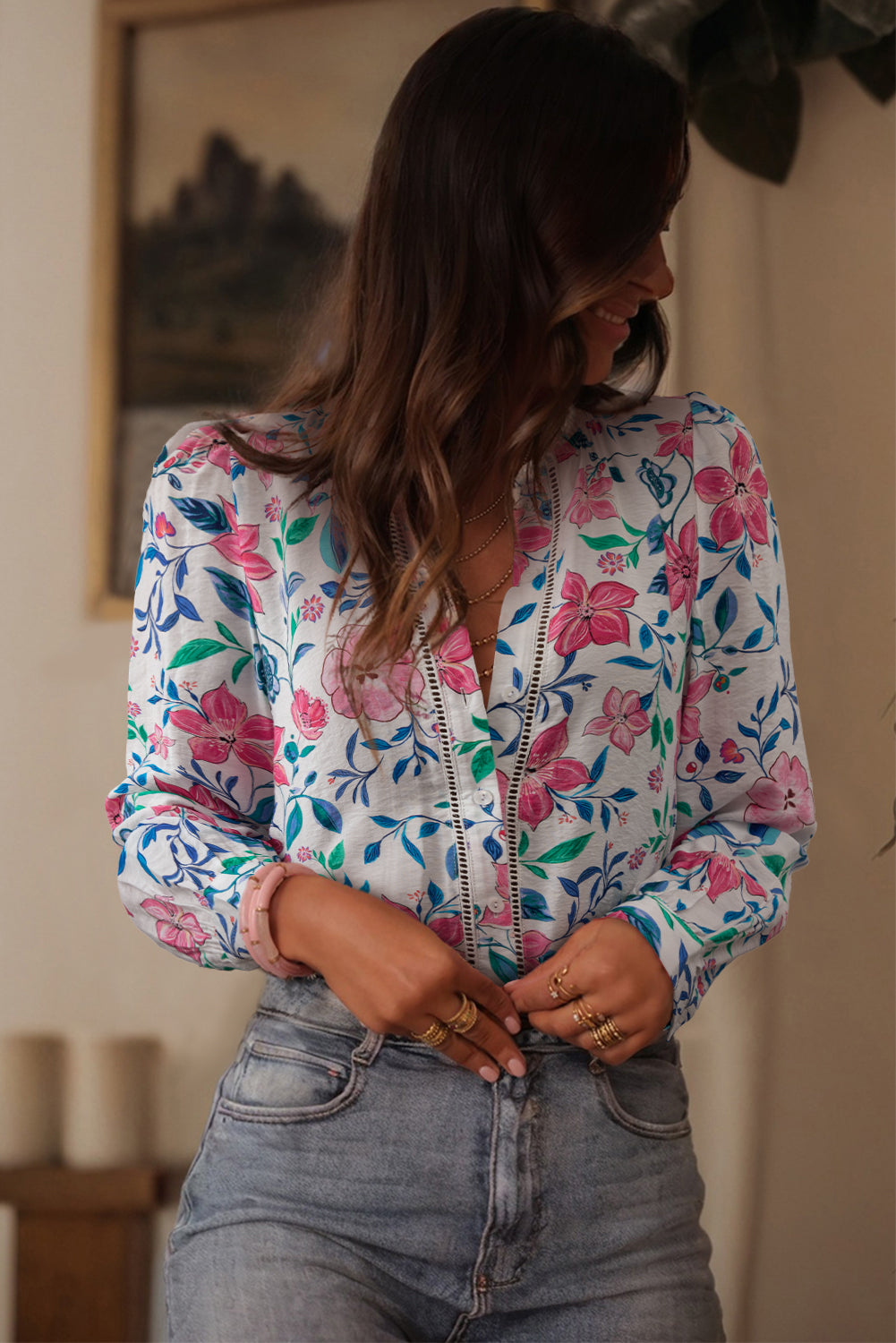 Pink Floral Print Lace Detail Button-up Long Sleeve Shirt-Tops/Blouses & Shirts-[Adult]-[Female]-2022 Online Blue Zone Planet