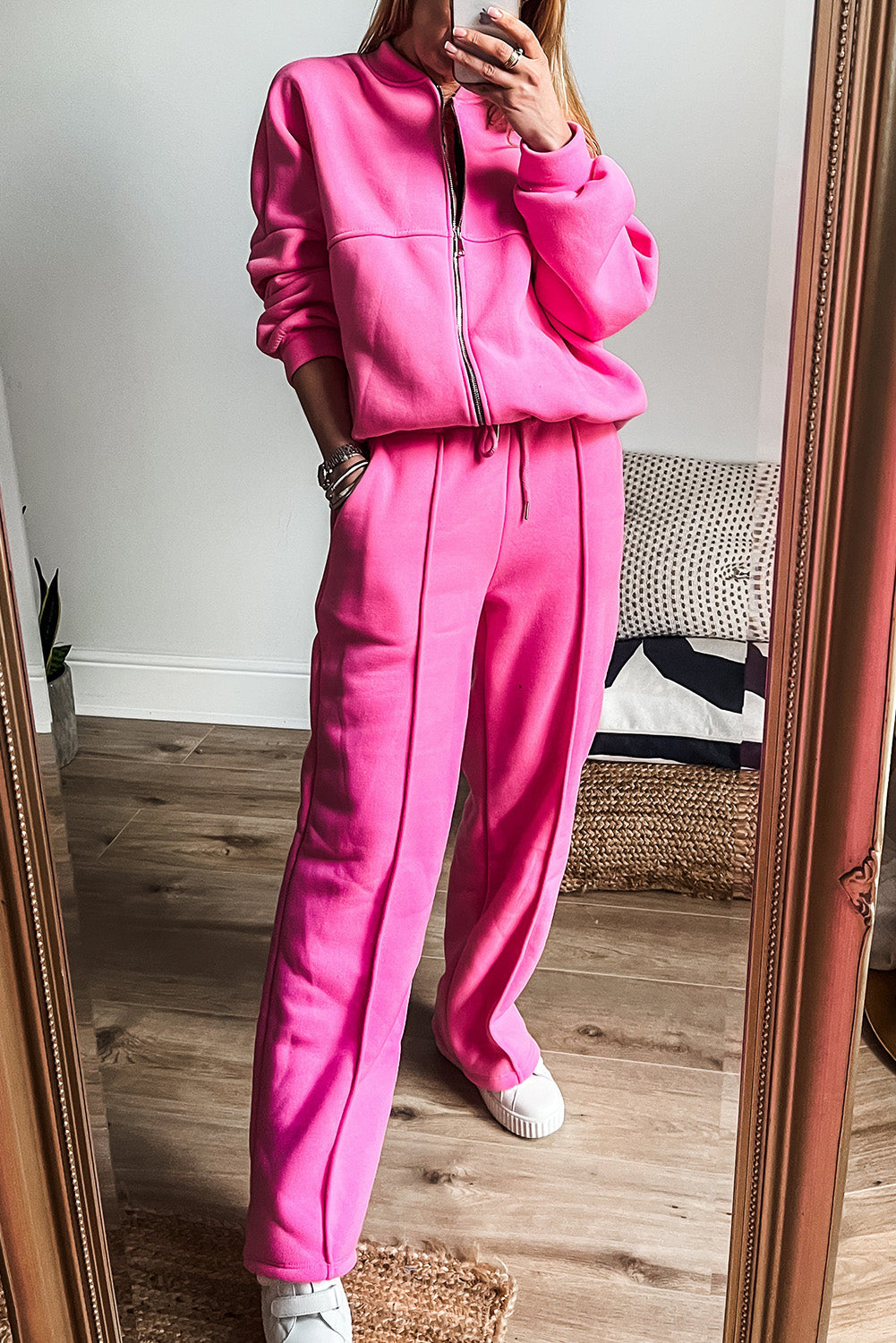 Apricot Seamed Zipper Jacket and Drawstring Waist Pants Set-Two Piece Pants Sets-[Adult]-[Female]-Bright Pink-S-2022 Online Blue Zone Planet