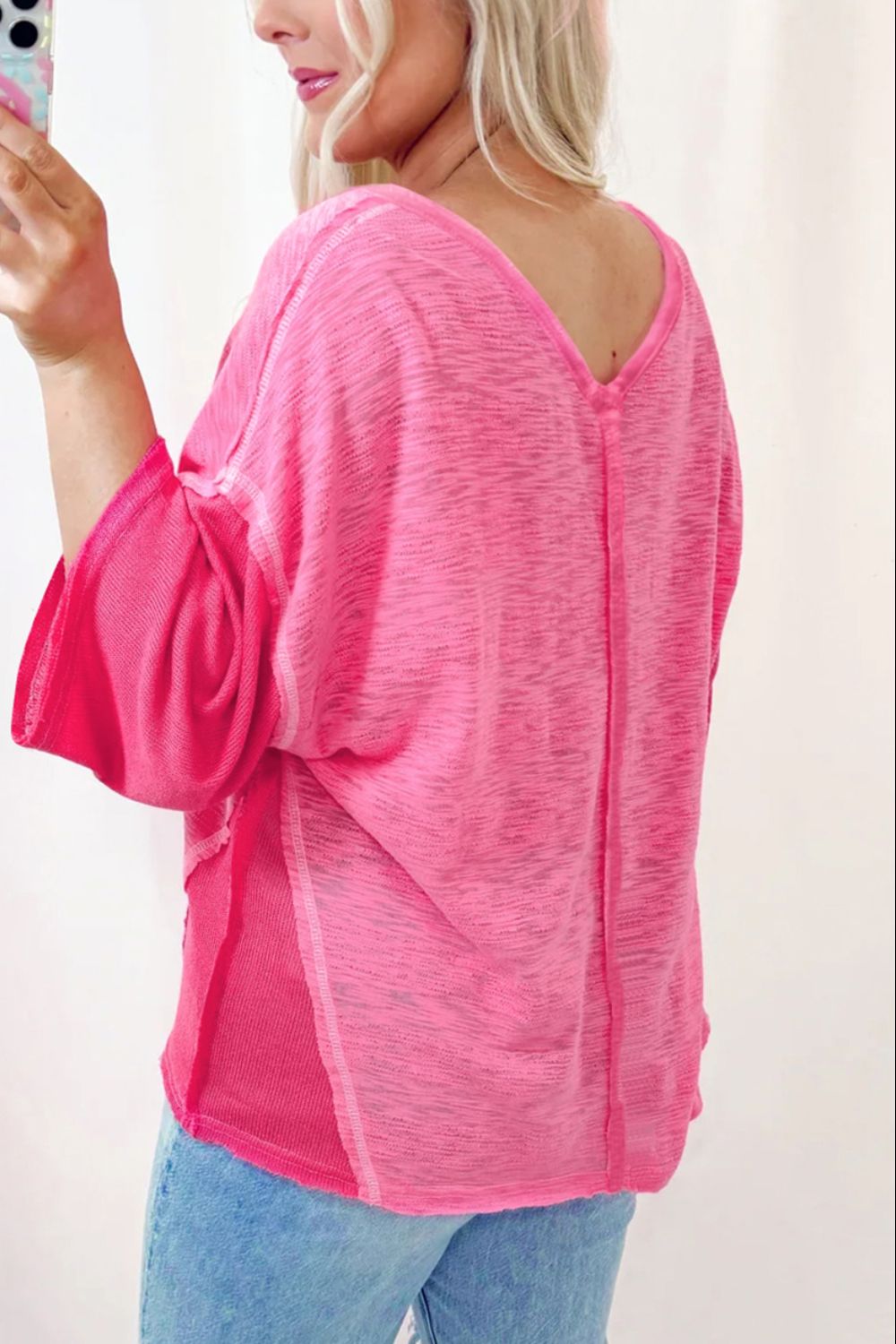 Exposed Seam V-Neck Three-Quarter Sleeve Blouse-TOPS / DRESSES-[Adult]-[Female]-2022 Online Blue Zone Planet