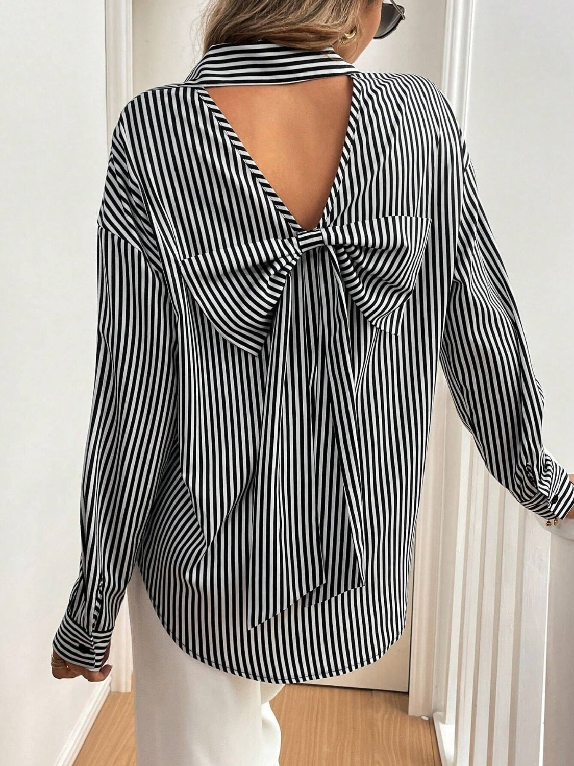 Cutout Bow Back Striped Collared Neck Long Sleeve Shirt-TOPS / DRESSES-[Adult]-[Female]-2022 Online Blue Zone Planet