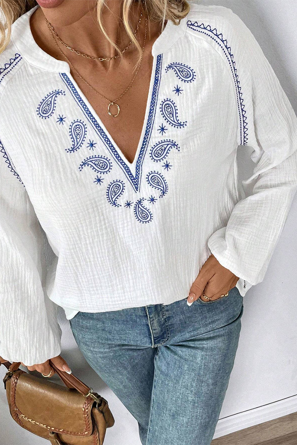 White Paisley Embroidered Crinkle Split Neck Blouse-Blouses-[Adult]-[Female]-2022 Online Blue Zone Planet