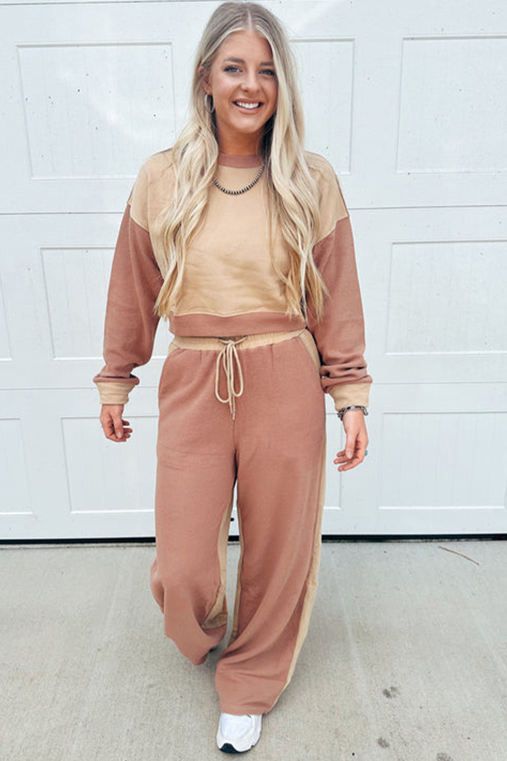 Khaki Color Block Long Sleeve Crop Top Drawstring Pant Set-Two Piece Sets/Pant Sets-[Adult]-[Female]-2022 Online Blue Zone Planet