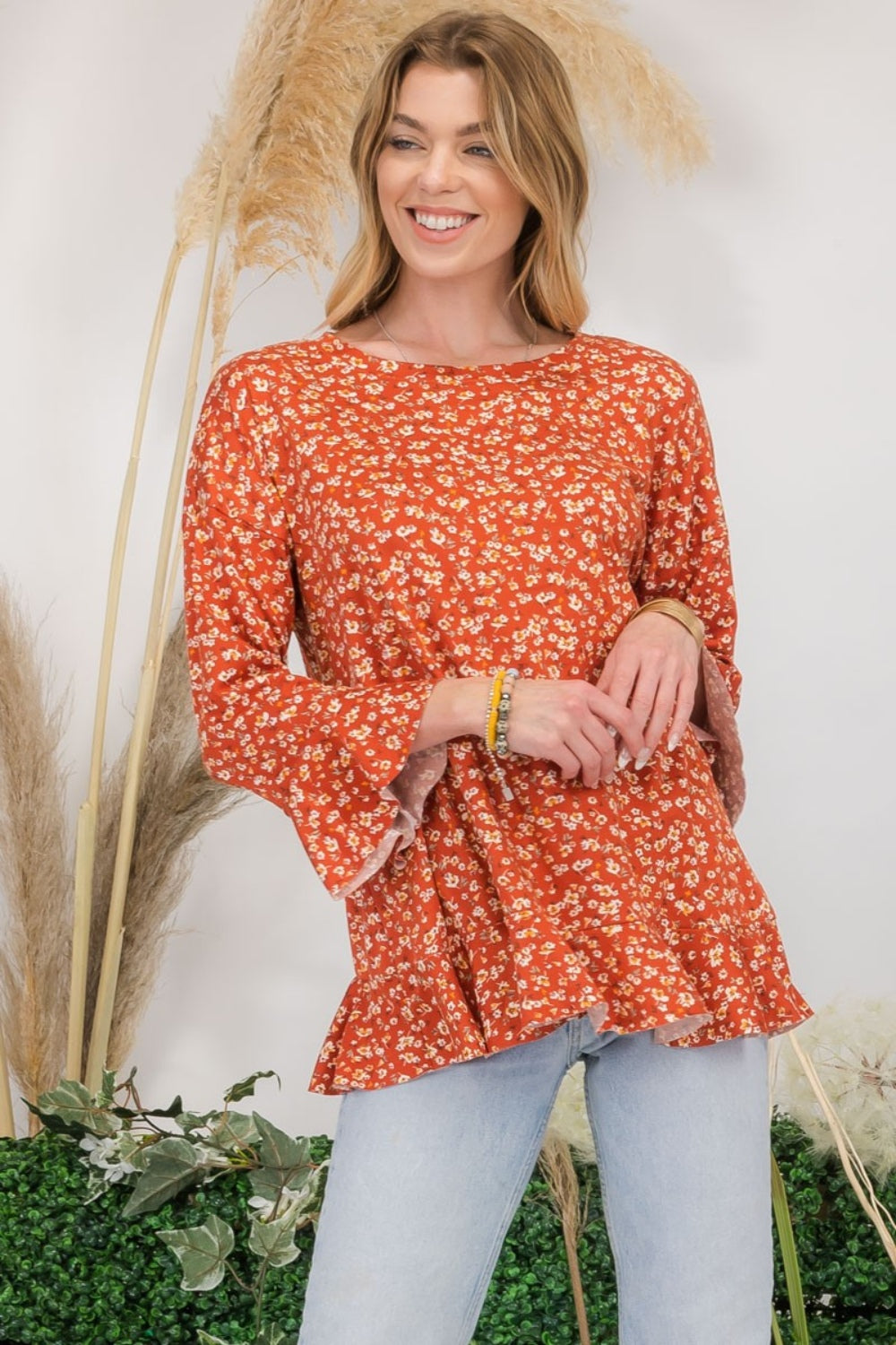 Celeste Full Size Floral Ruffle Detail Top-TOPS / DRESSES-[Adult]-[Female]-Rust-S-2022 Online Blue Zone Planet