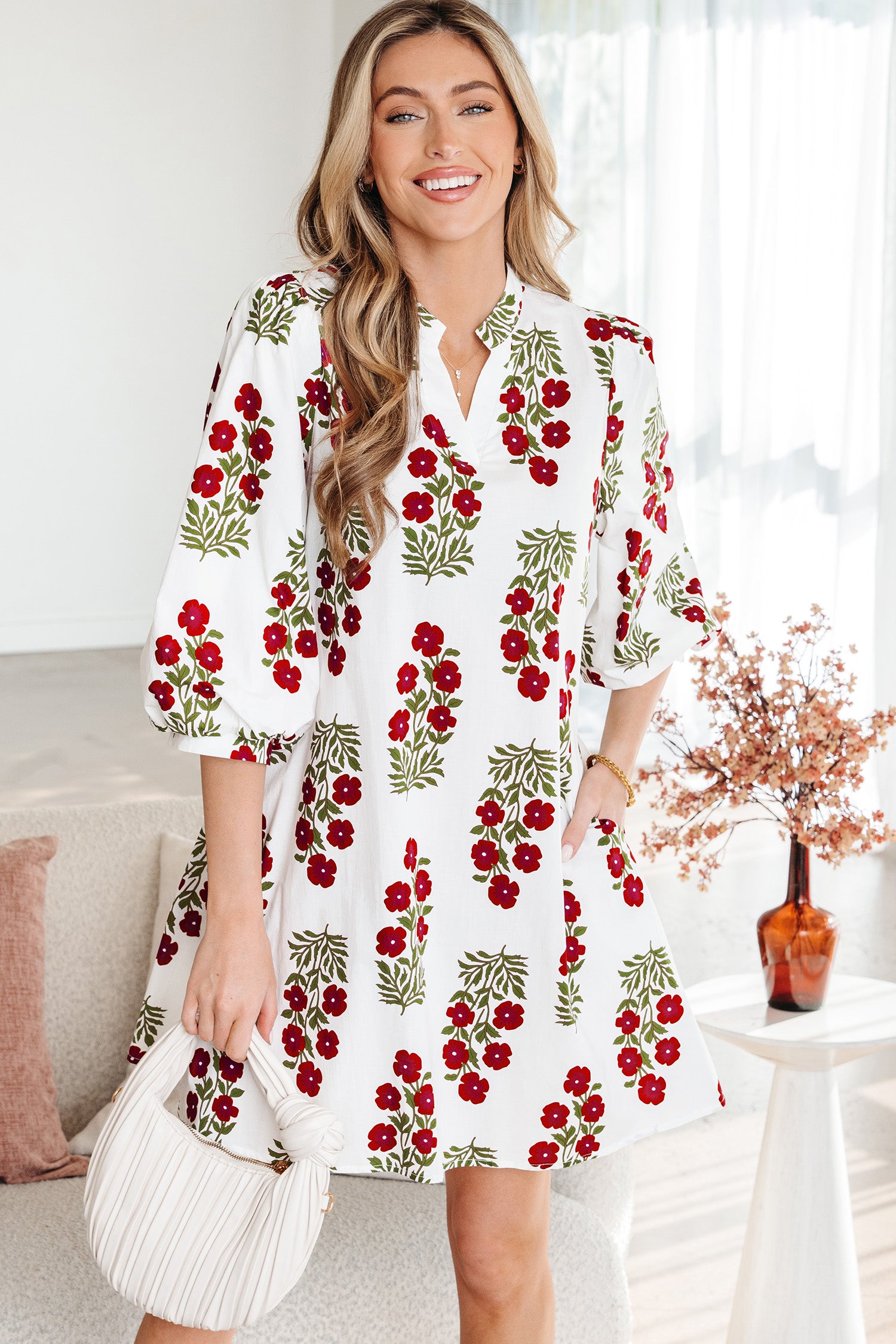 White Floral Print V Neck 3/4 Sleeve Loose Mini Dress-TOPS / DRESSES-[Adult]-[Female]-2022 Online Blue Zone Planet
